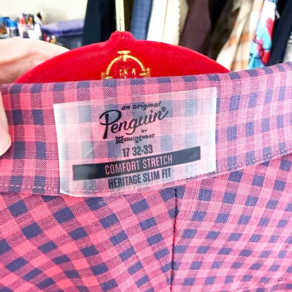 NWT Original Penguin Red & Navy Gingham Plaid Heritage Slim Fit Shirt Size 17 - Picture 6 of 8